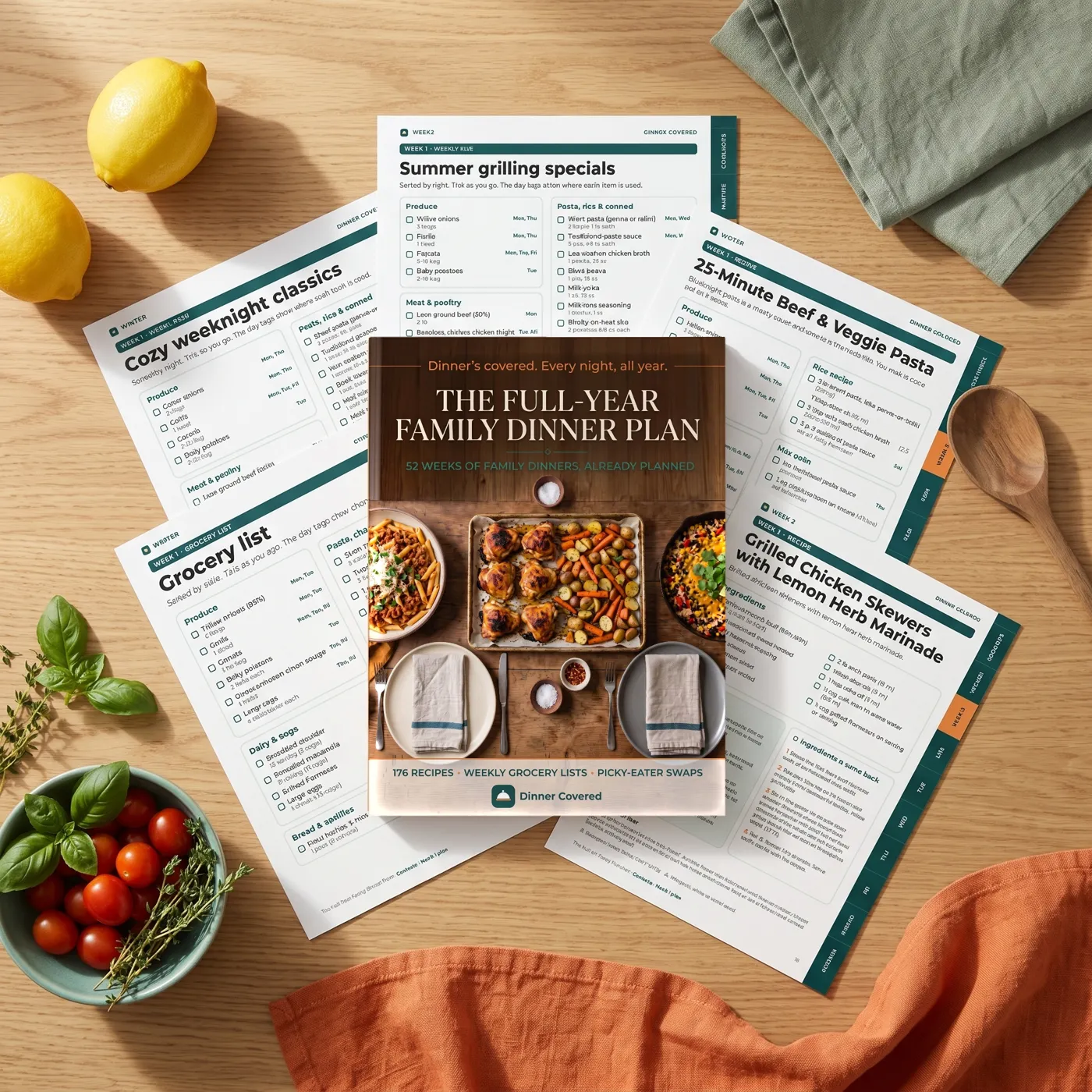 The plan with its weekly pages and grocery lists laid out on a table